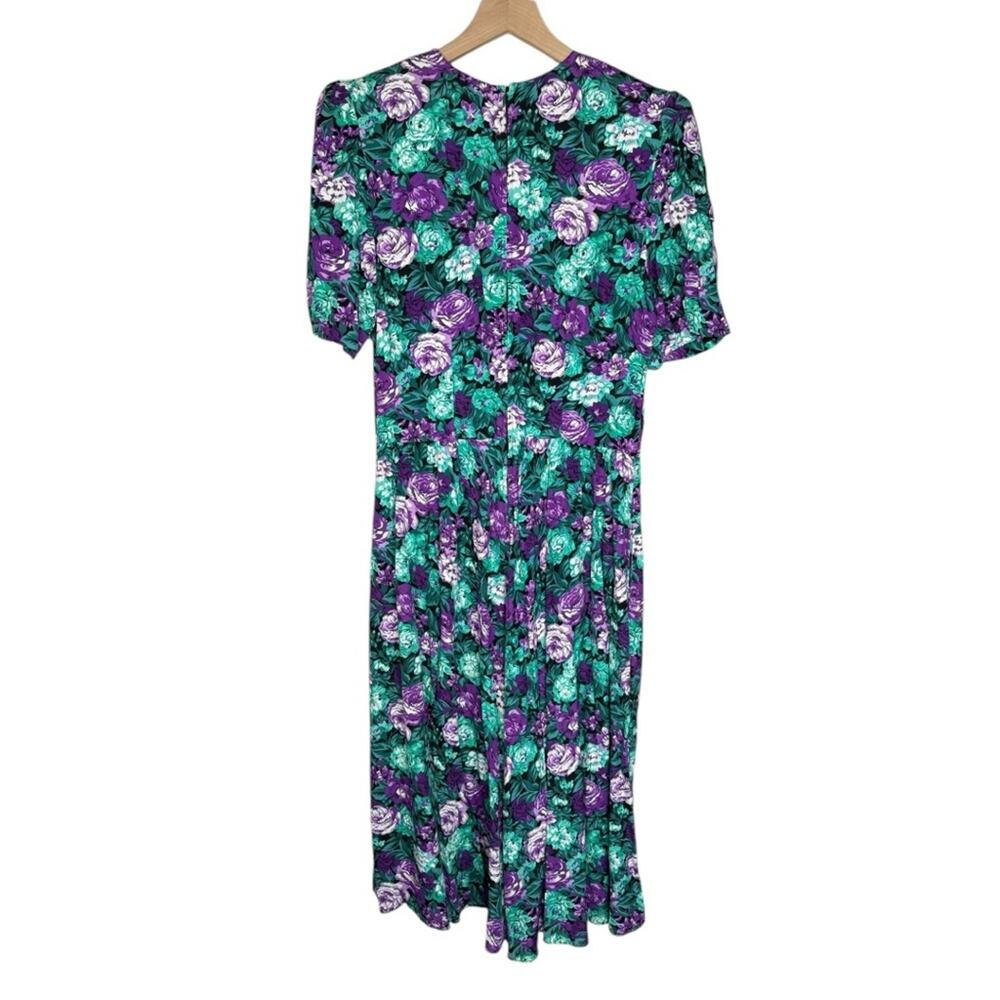 Vintage 80s vibrant purple floral dress short sleeve casual rayon party sz S/XS - Picture 2 of 6